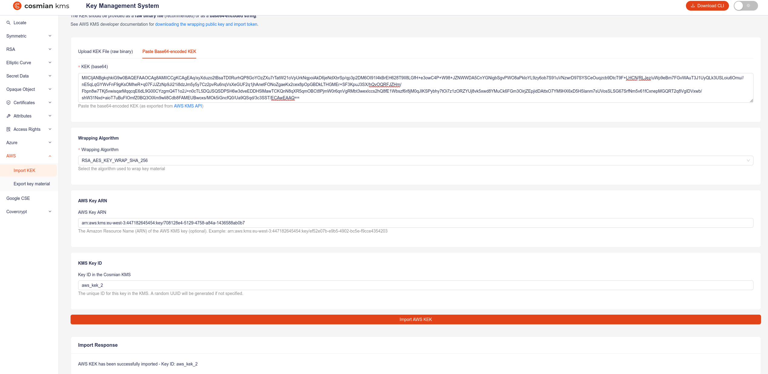 Import the AWS KEK into Eviden KMS