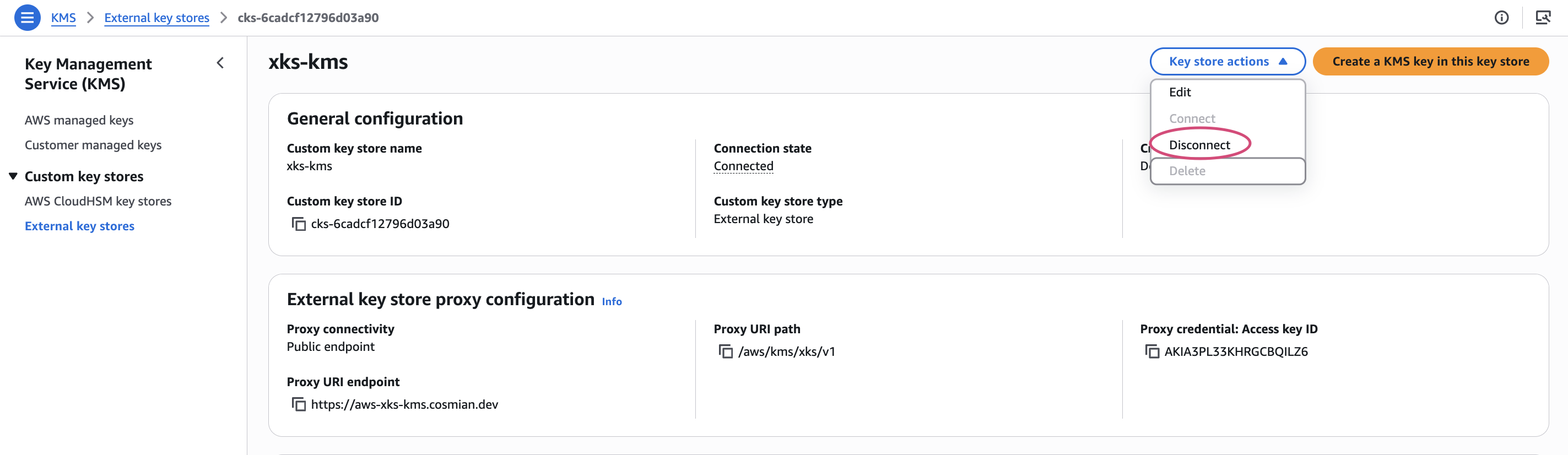 Select Disconnect in Key store actions menu